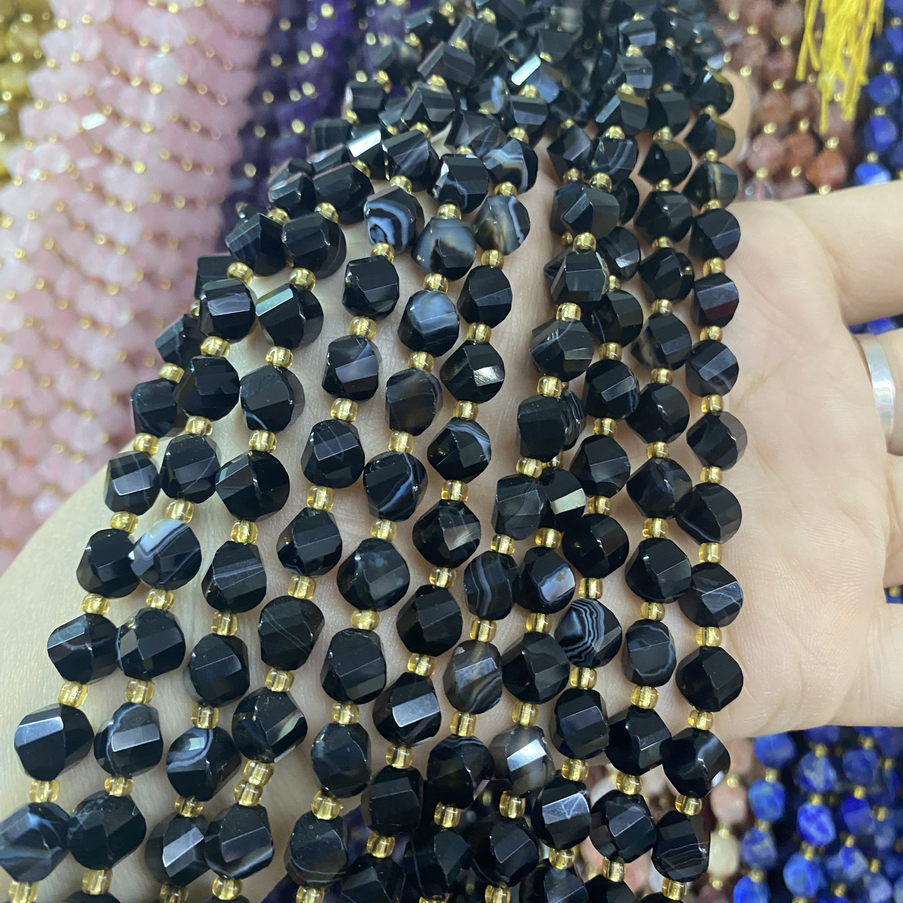 8mm black agate s-cut twisted beads